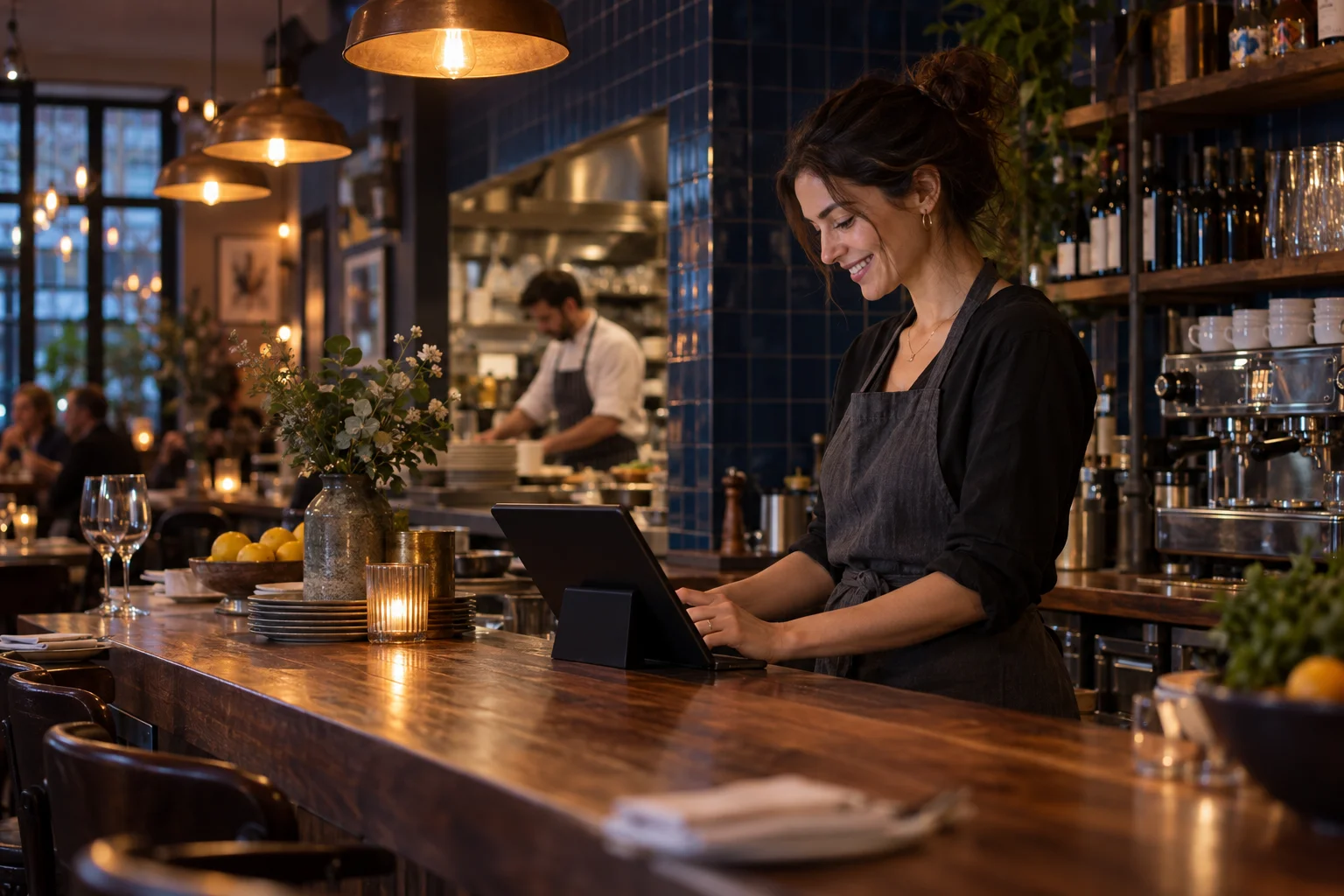 Illustration of a restaurant owner using a POS at a warmly lit counter